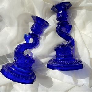 Vintage Cobalt Blue Glass Koi Fish PISCES Candle Holders